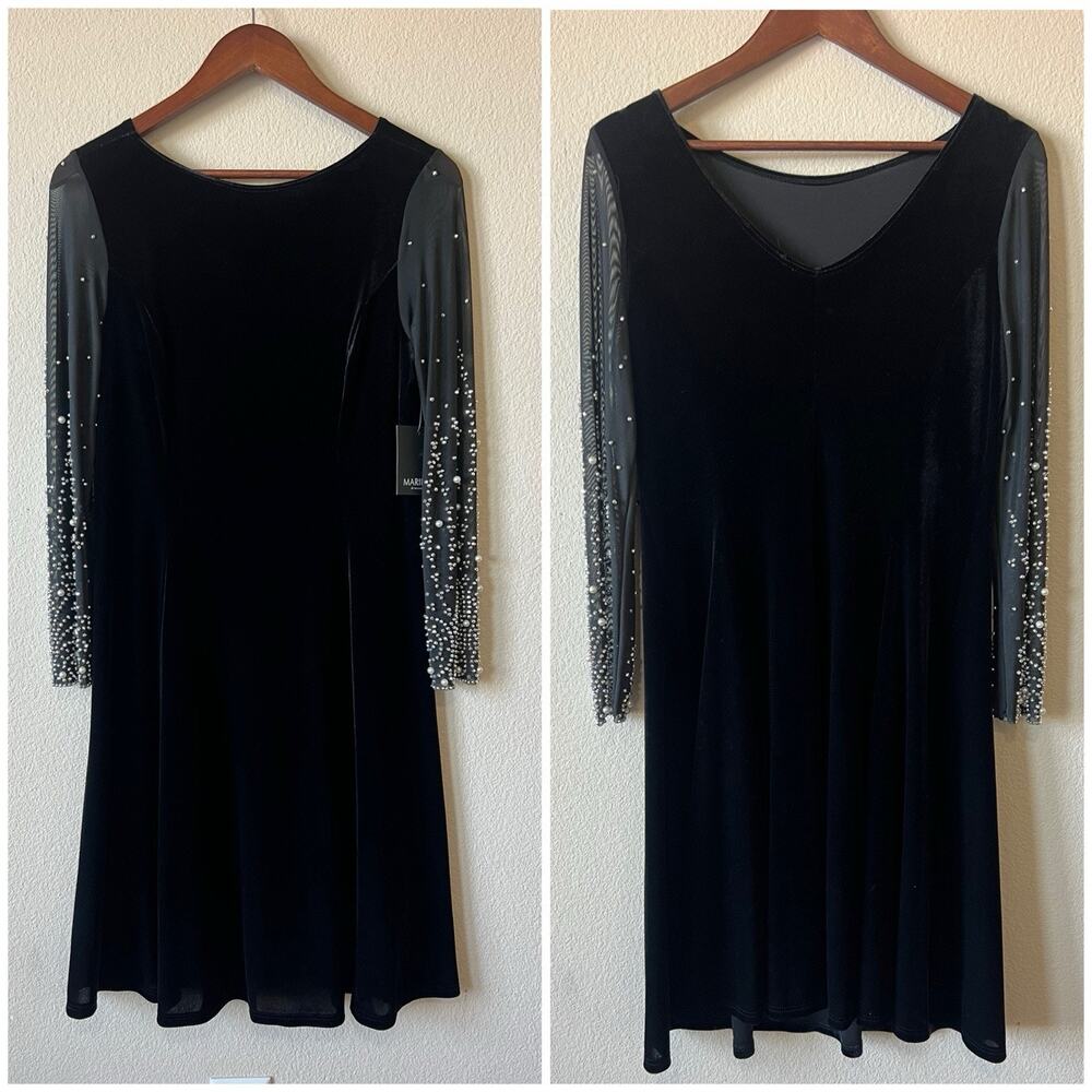 Marina Black Velvet A-Line Dress Sz M Mesh Pearl Beaded Sleeves Elegant Formal - Picture 7 of 10